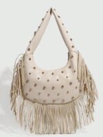 Street Punk Tassel Rivet Hobo Shoulder Bag Beige