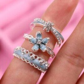 3pcs Blue Flower Rings Set Zirconia Enamel Cute Romantic Gift Jewelry