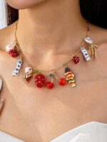 Cherry Strawberry Charm Necklace Bow Pearl Fruit Pendant Jewelry