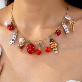 Cherry Strawberry Charm Necklace Bow Pearl Fruit Pendant Jewelry