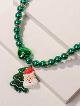 Christmas Green Pearl Necklace Santa Reindeer Tree Holiday Jew