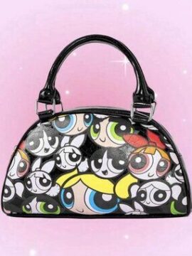 Powerpuff Girls Black Glossy Satchel Cartoon Print Top Handle Bag