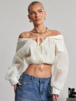 Women’s Apricot Off Shoulder Crop Blouse Sheer Sleeve Top Size S