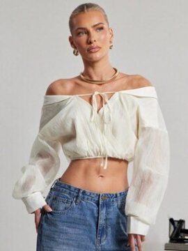 Women’s Apricot Off Shoulder Crop Blouse Sheer Sleeve Top Size S