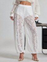 White Sheer Lace Bubble Hem Pants Women Vacation Joggers XS