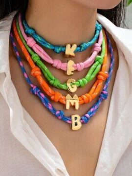 💛 Yellow Braided Initial C Necklace Gold Bubble Letter Choker